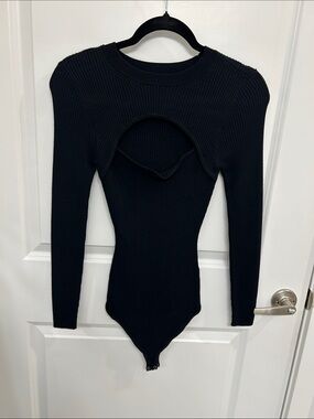 Black Ribbed Long-Sleeve Cutout Bodysuit
